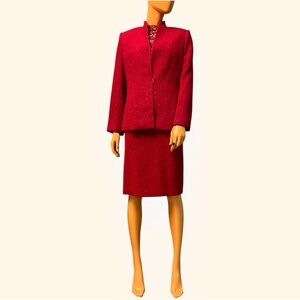 KASPER Red Sparkle Tweed Plaid Petite Skirt Suit